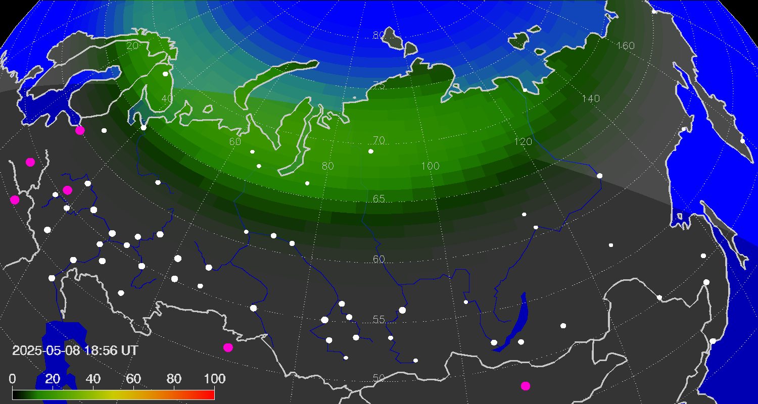 Northern lights (auroras) over Russian Federation