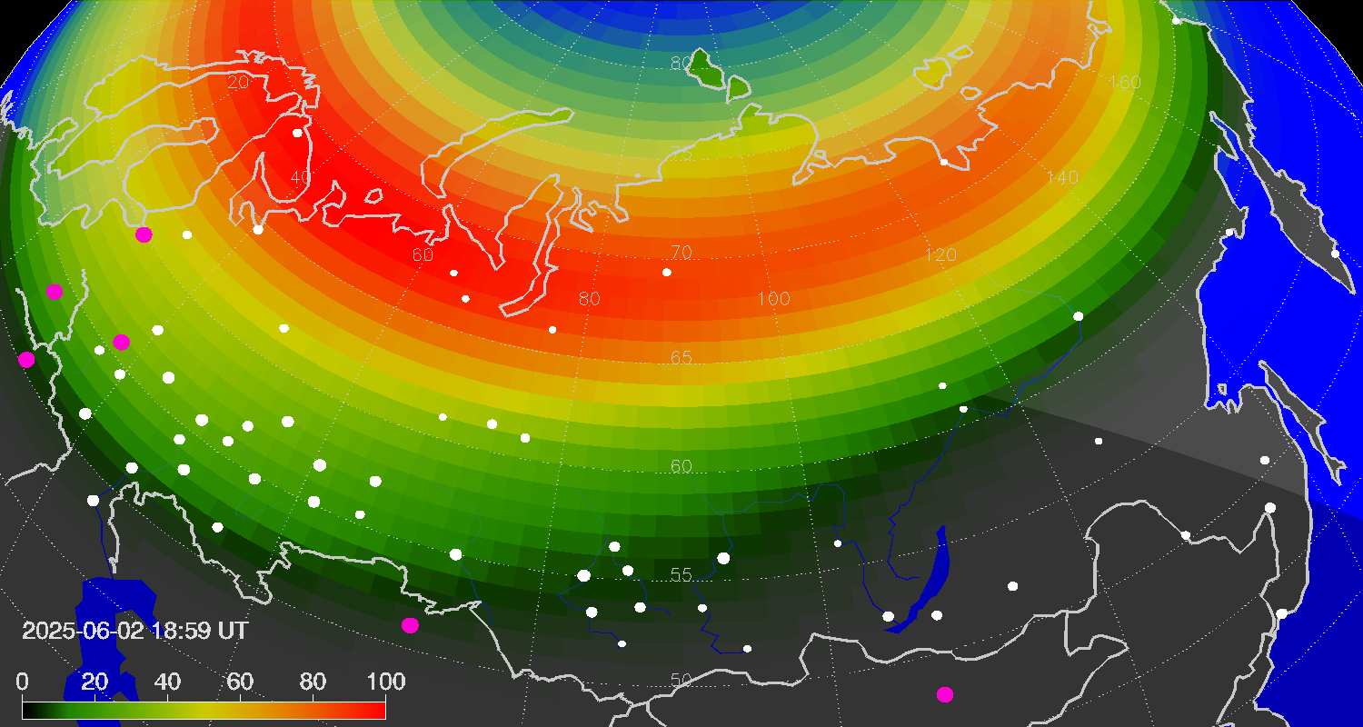 Northern lights (auroras) over Russian Federation