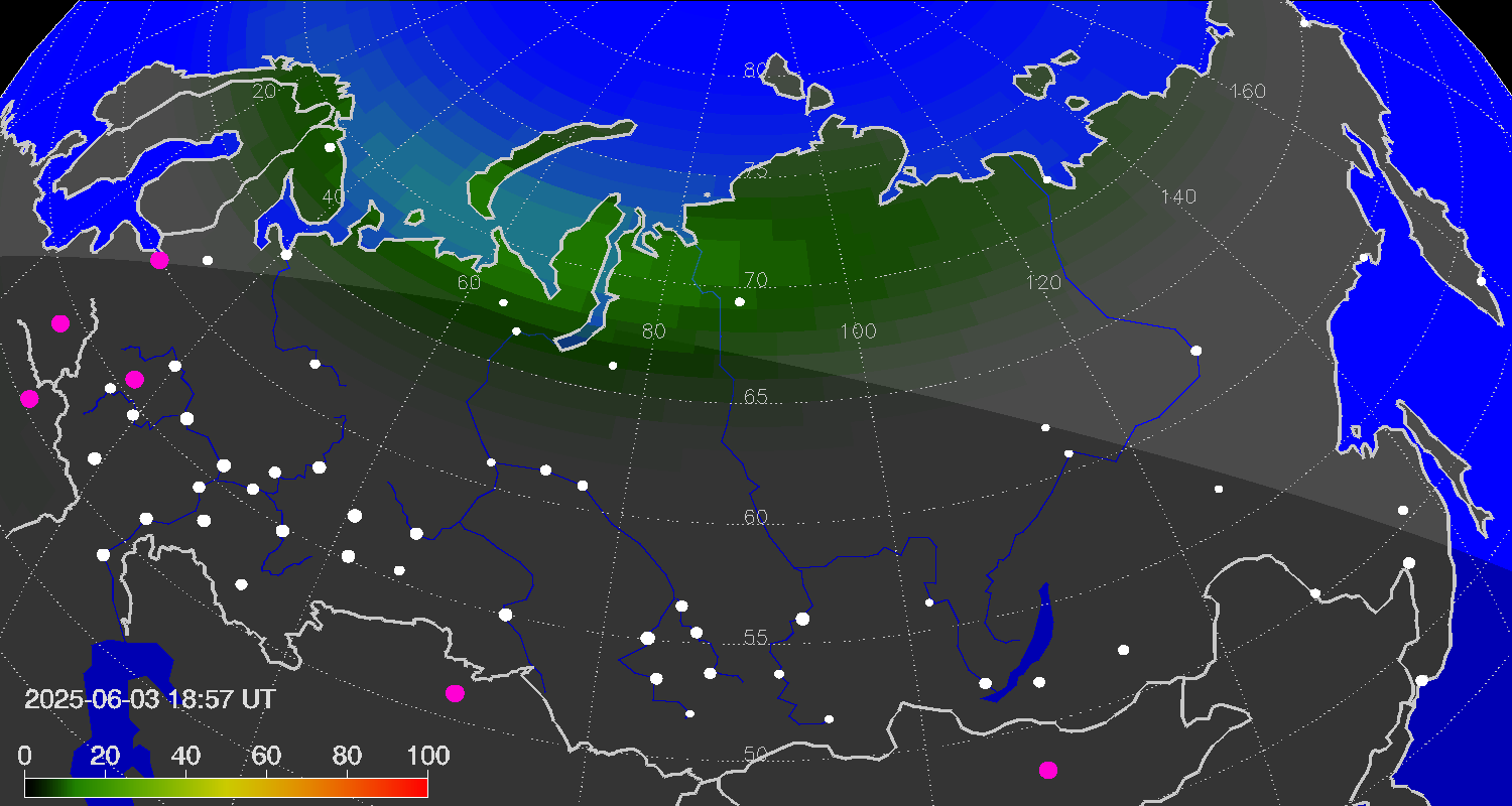 Northern lights (auroras) over Russian Federation