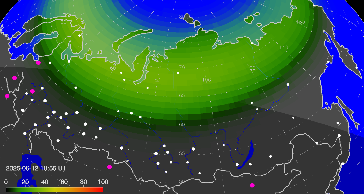 Northern lights (auroras) over Russian Federation