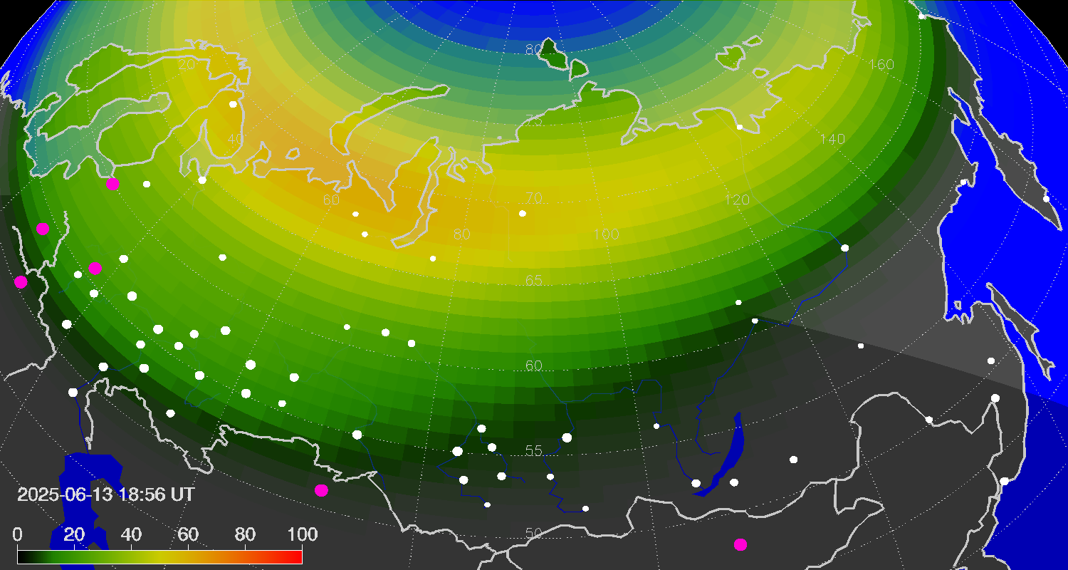 Northern lights (auroras) over Russian Federation