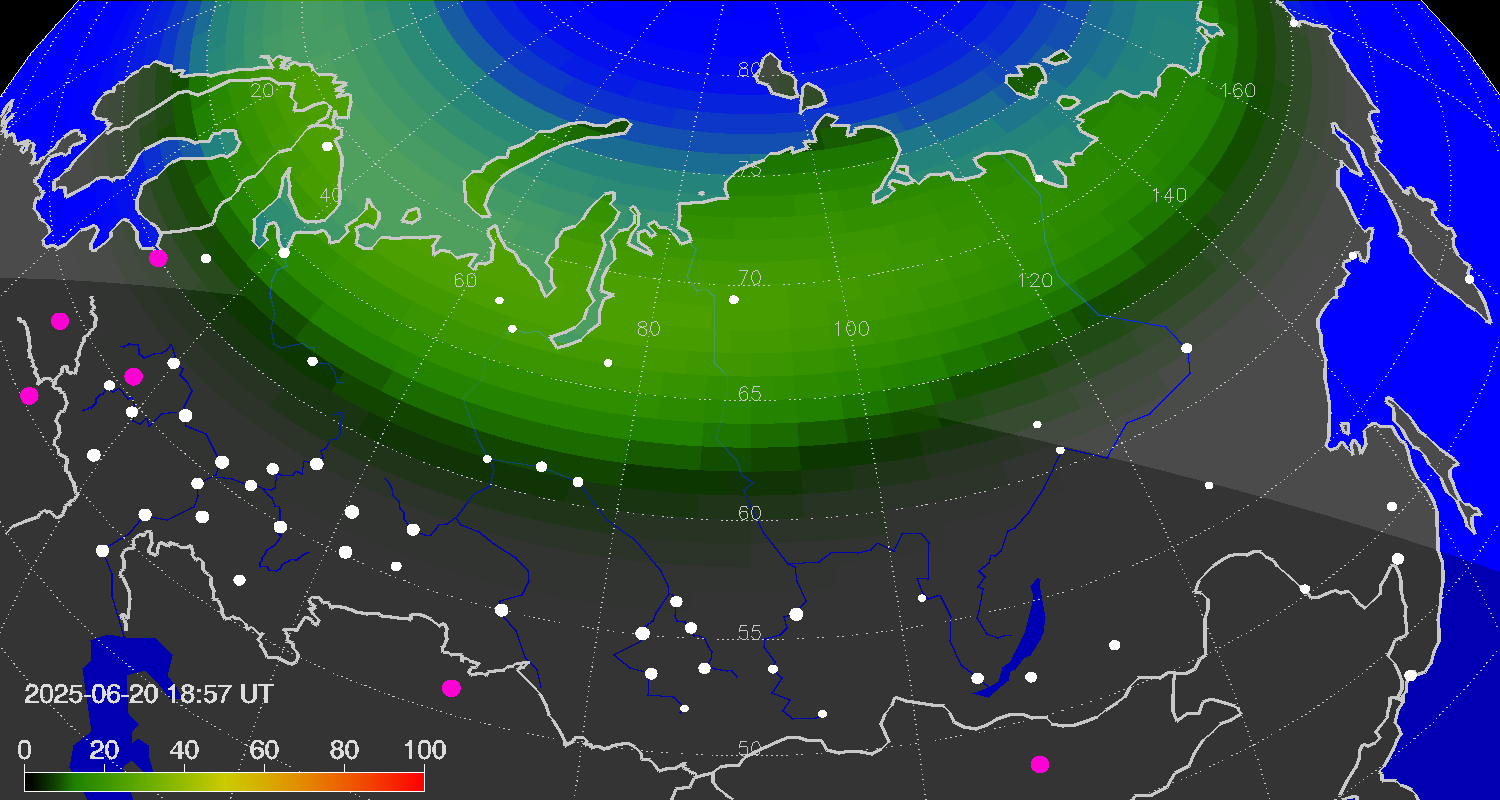 Northern lights (auroras) over Russian Federation