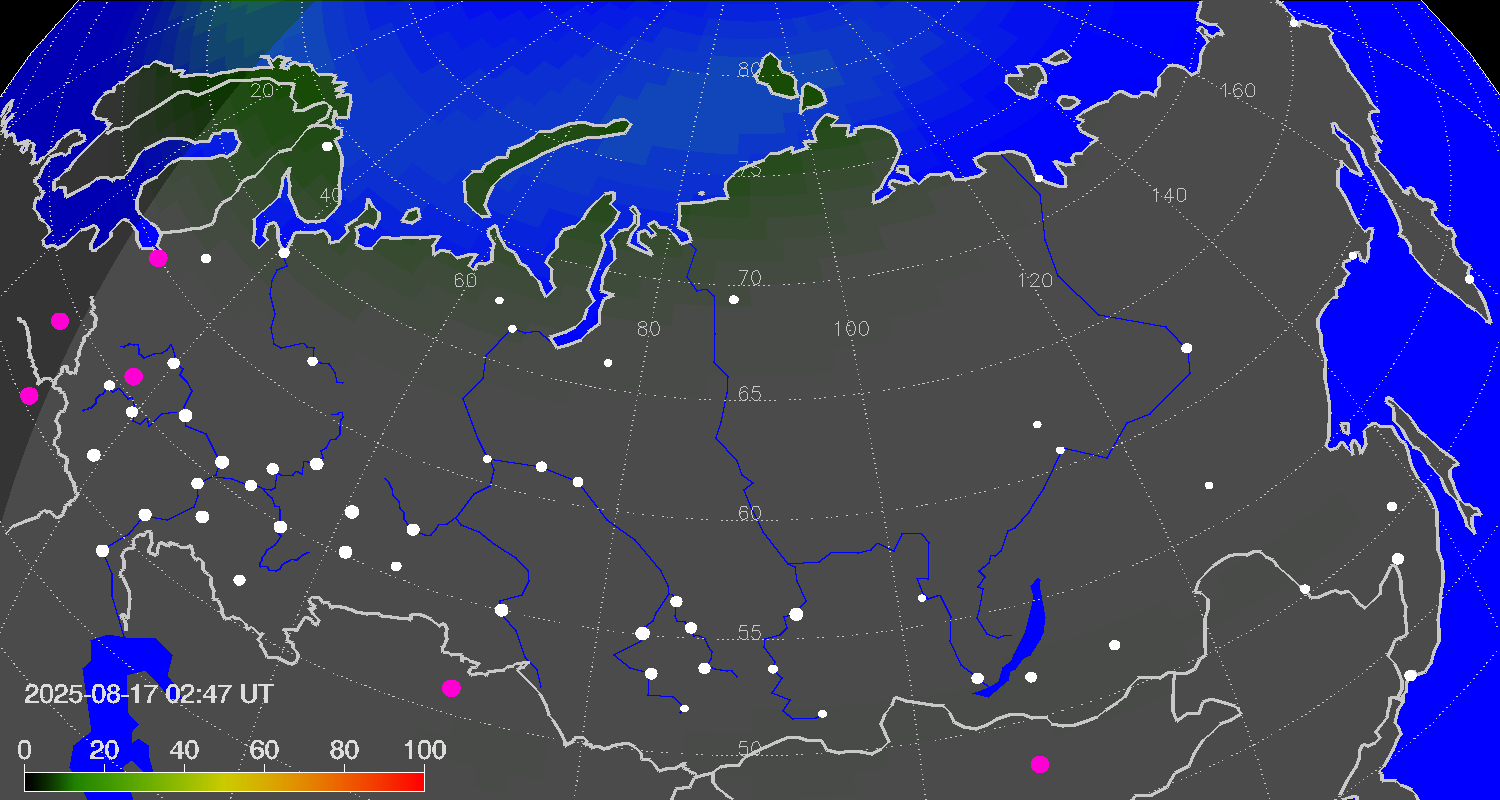 Зона полярных (северных) сияний над территорией РФ