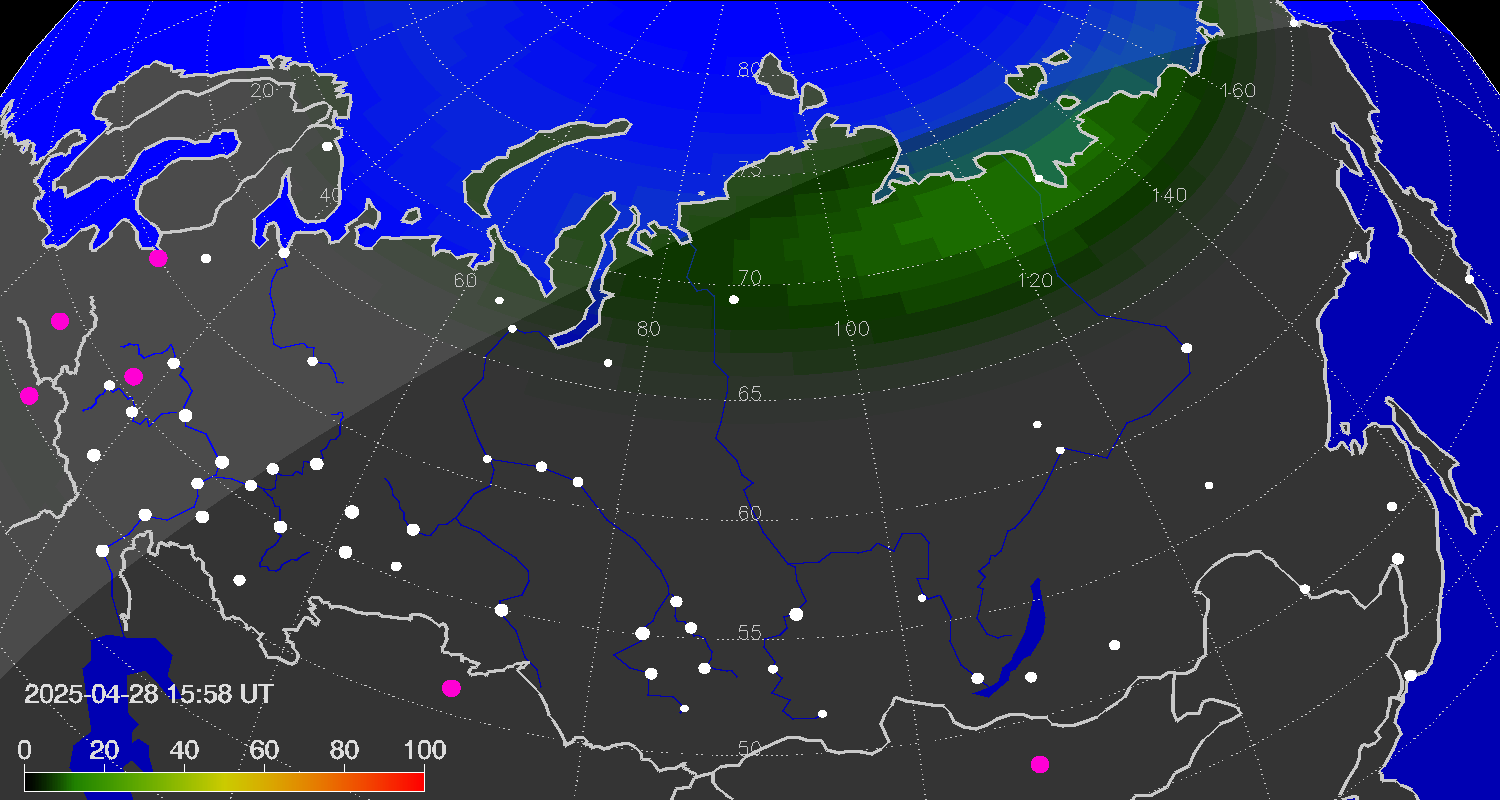 Northern lights (auroras) over Russian Federation