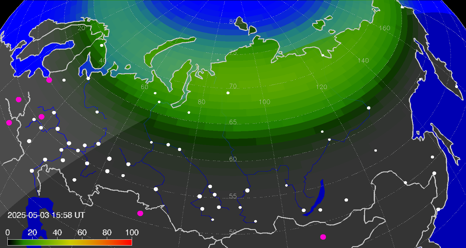 Northern lights (auroras) over Russian Federation