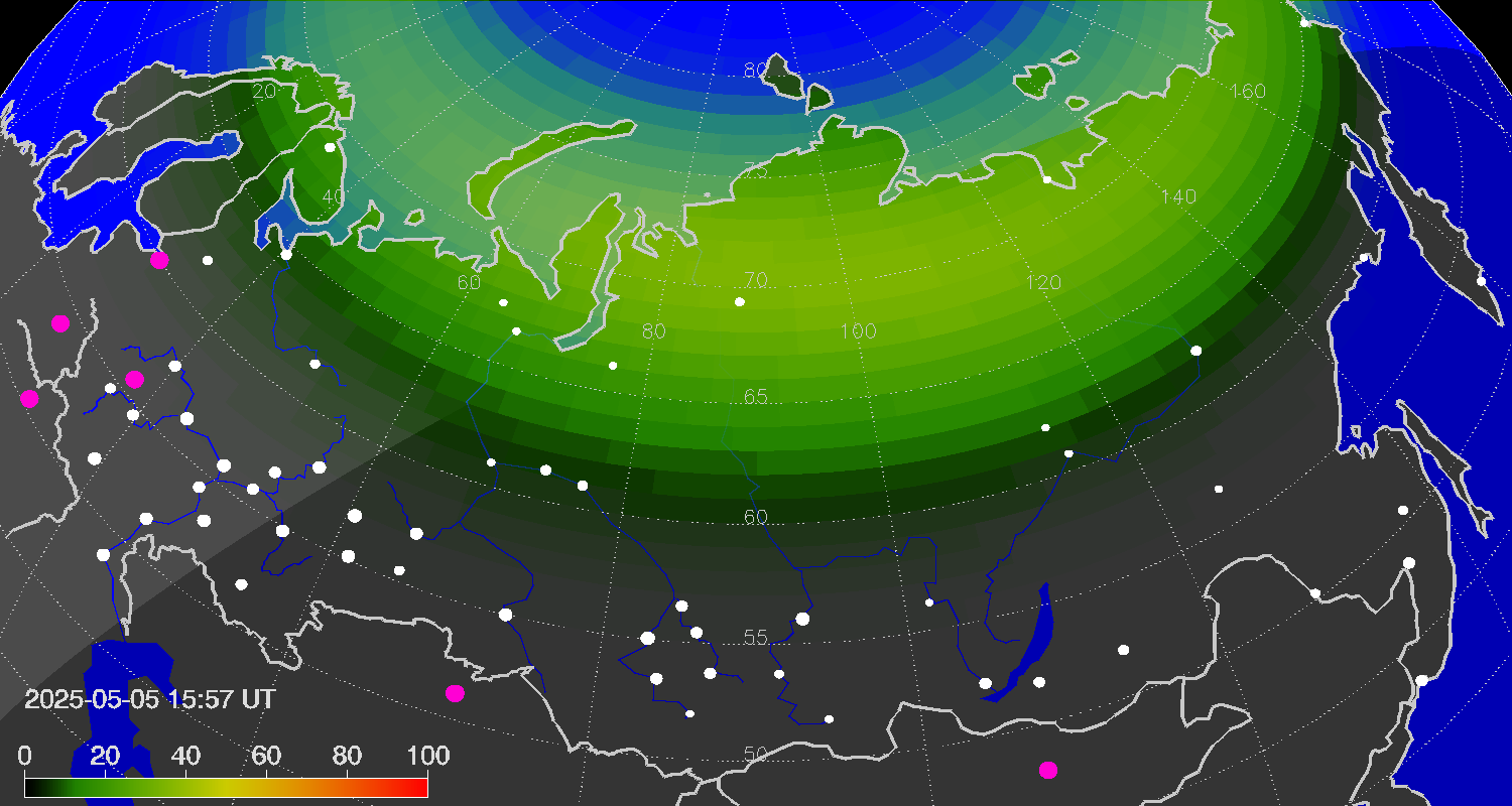 Northern lights (auroras) over Russian Federation