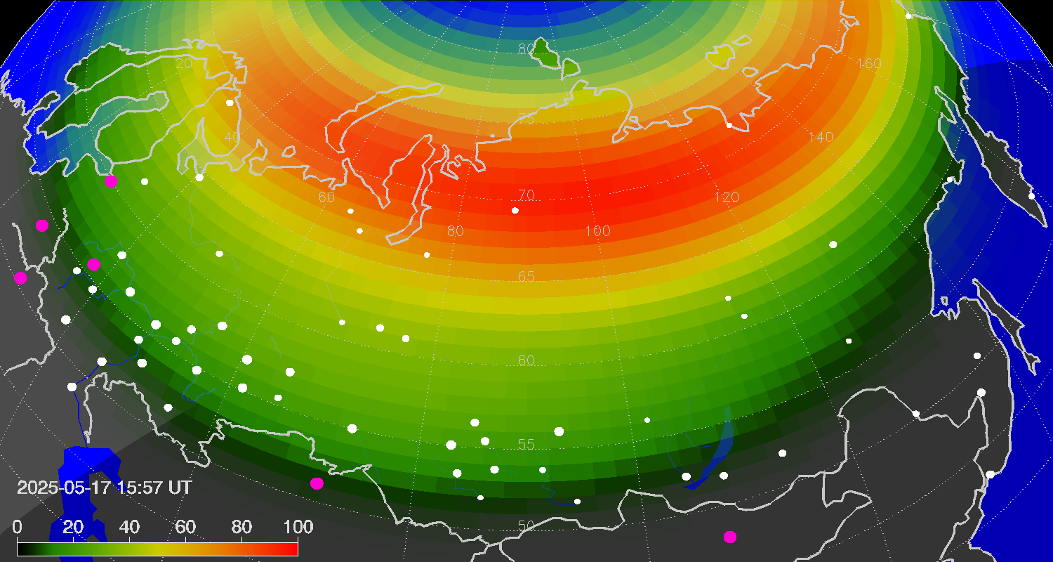 Northern lights (auroras) over Russian Federation