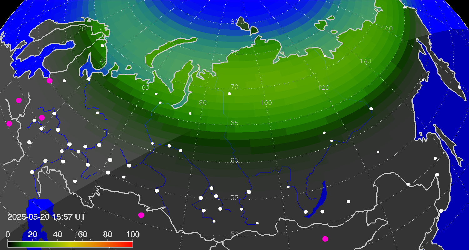 Northern lights (auroras) over Russian Federation