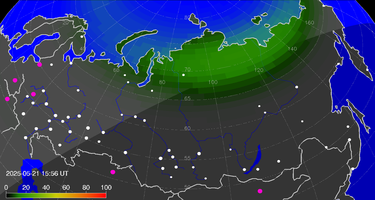 Northern lights (auroras) over Russian Federation