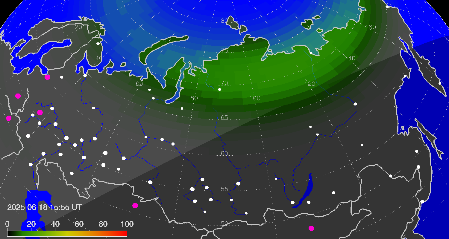 Northern lights (auroras) over Russian Federation