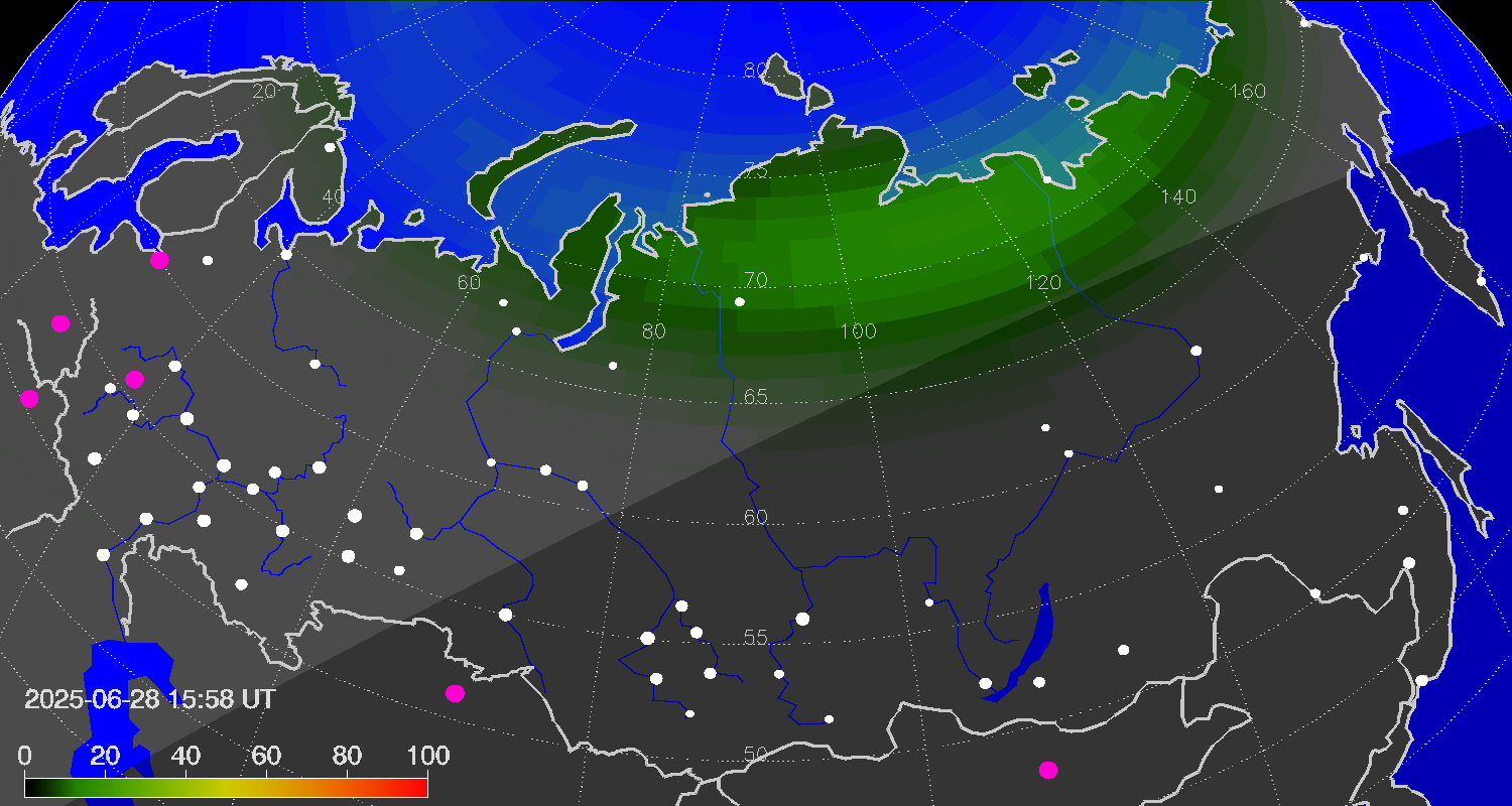 Northern lights (auroras) over Russian Federation