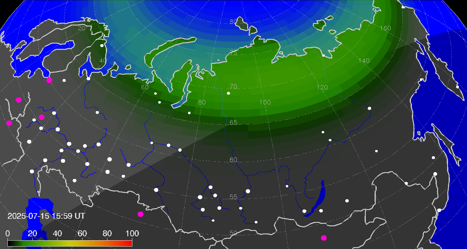 Northern lights (auroras) over Russian Federation