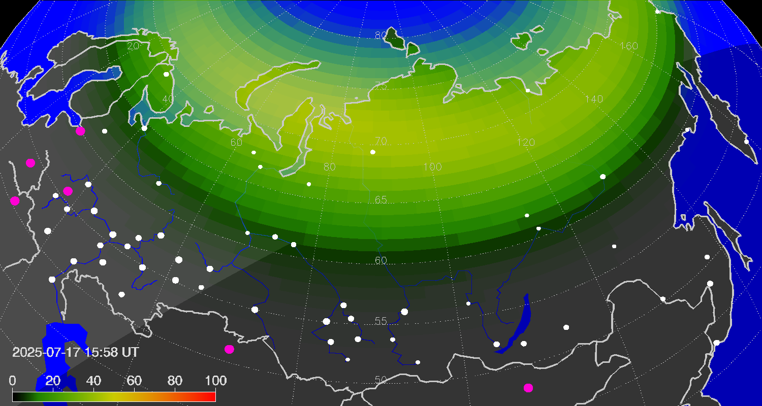 Northern lights (auroras) over Russian Federation