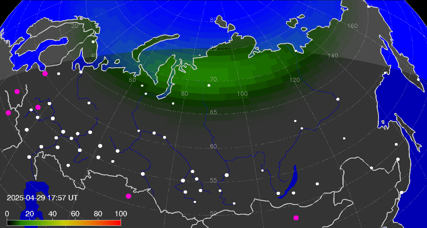 Northern lights (auroras) over Russian Federation
