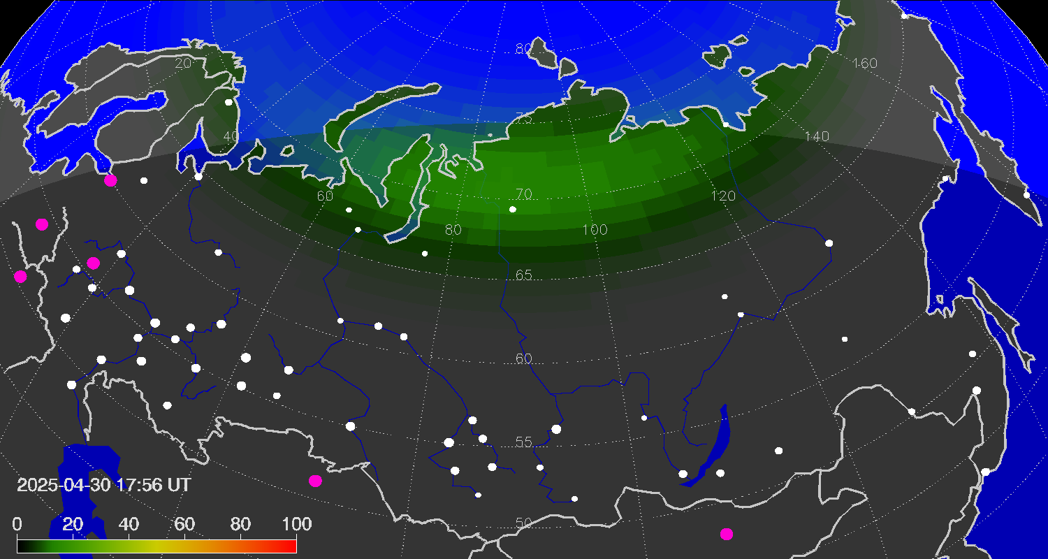Northern lights (auroras) over Russian Federation