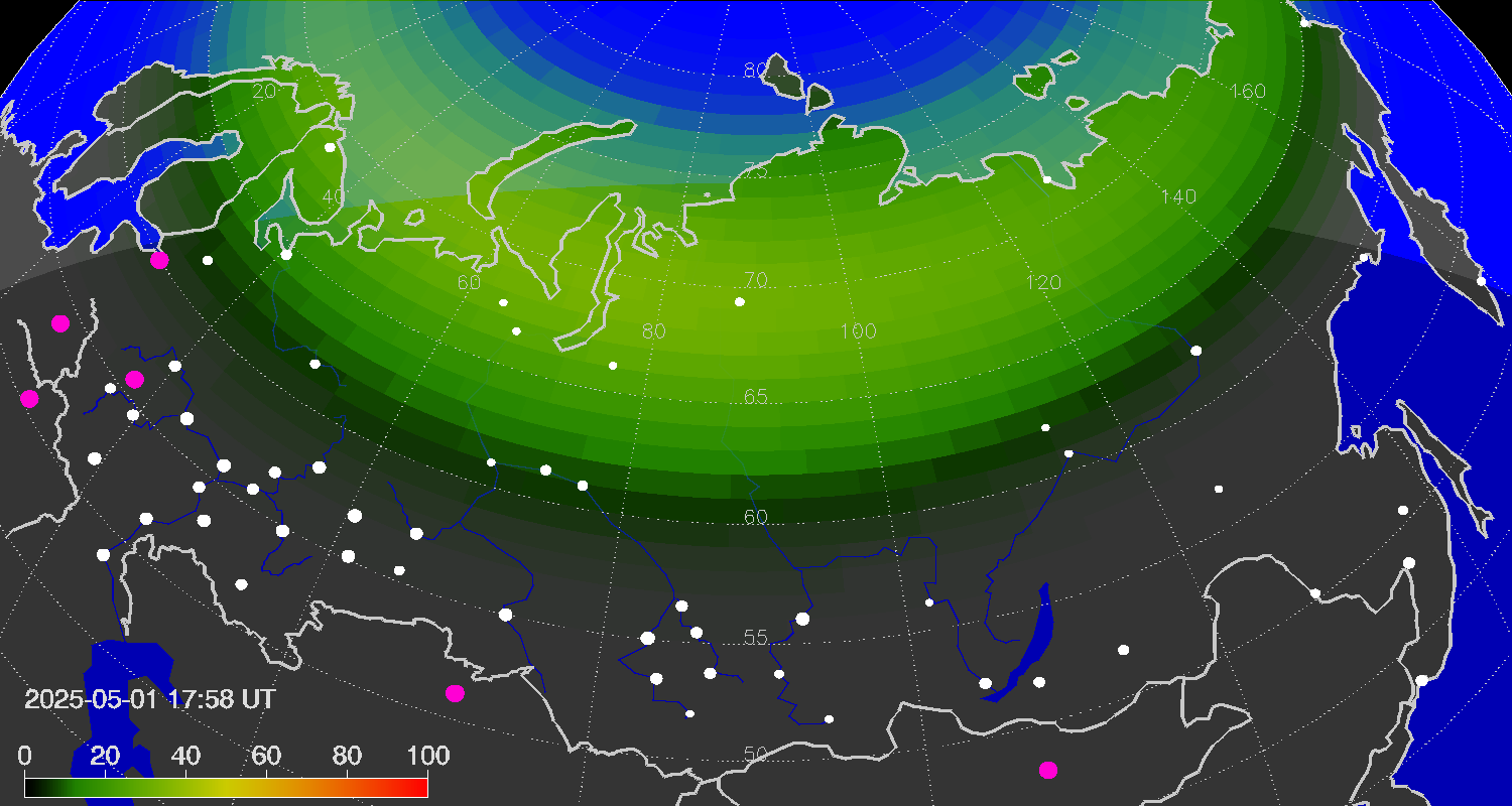 Northern lights (auroras) over Russian Federation