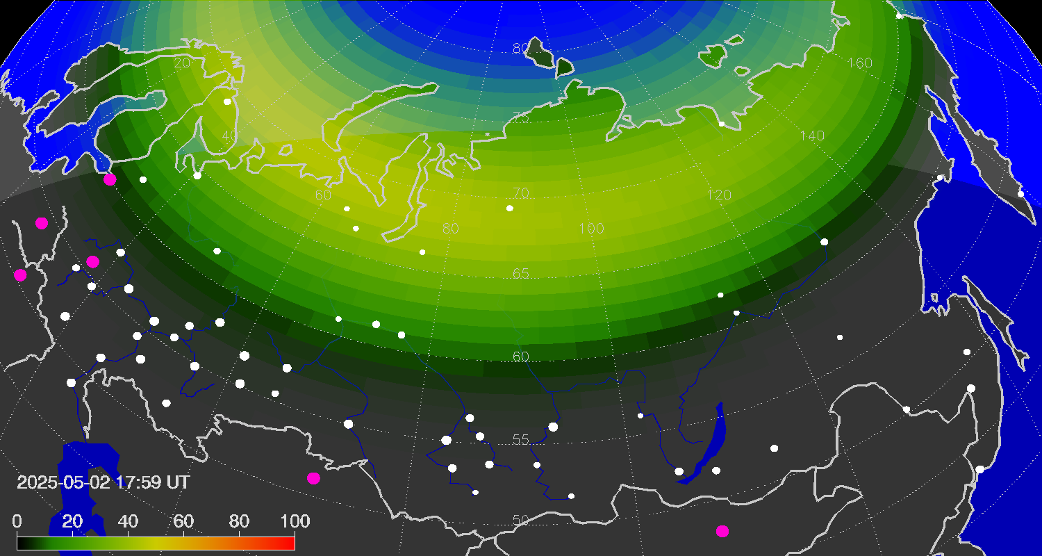 Northern lights (auroras) over Russian Federation