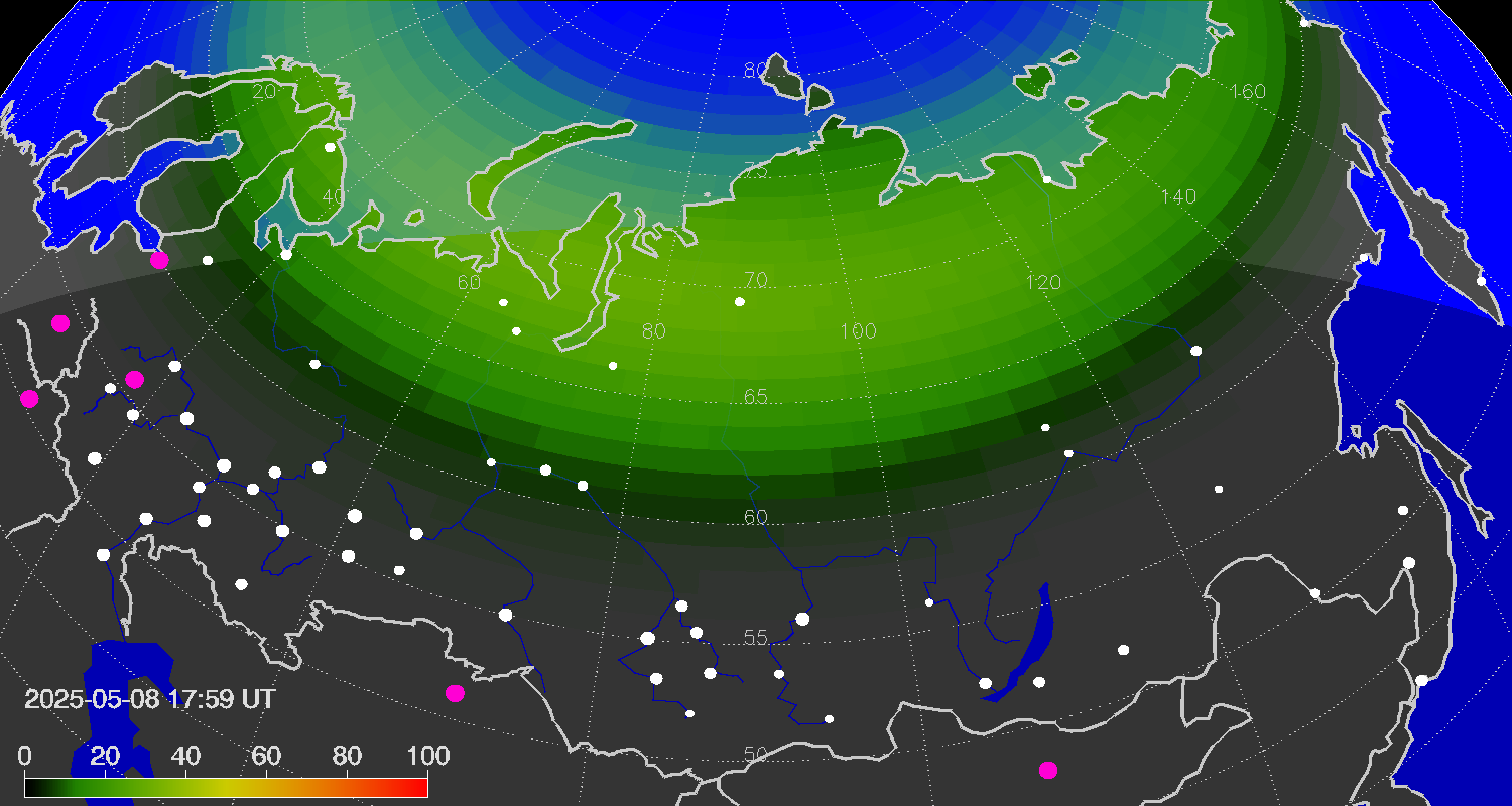 Northern lights (auroras) over Russian Federation
