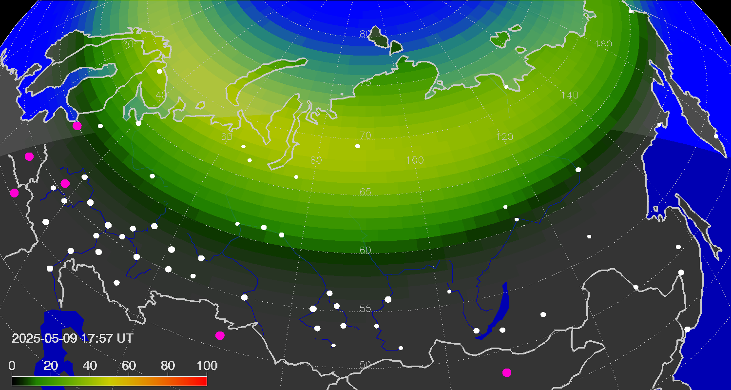 Northern lights (auroras) over Russian Federation