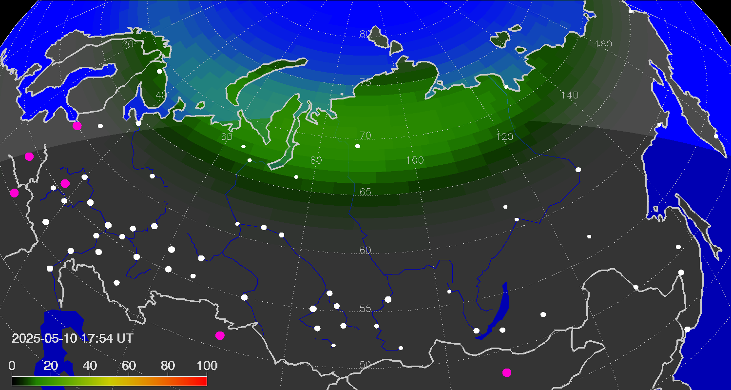 Northern lights (auroras) over Russian Federation