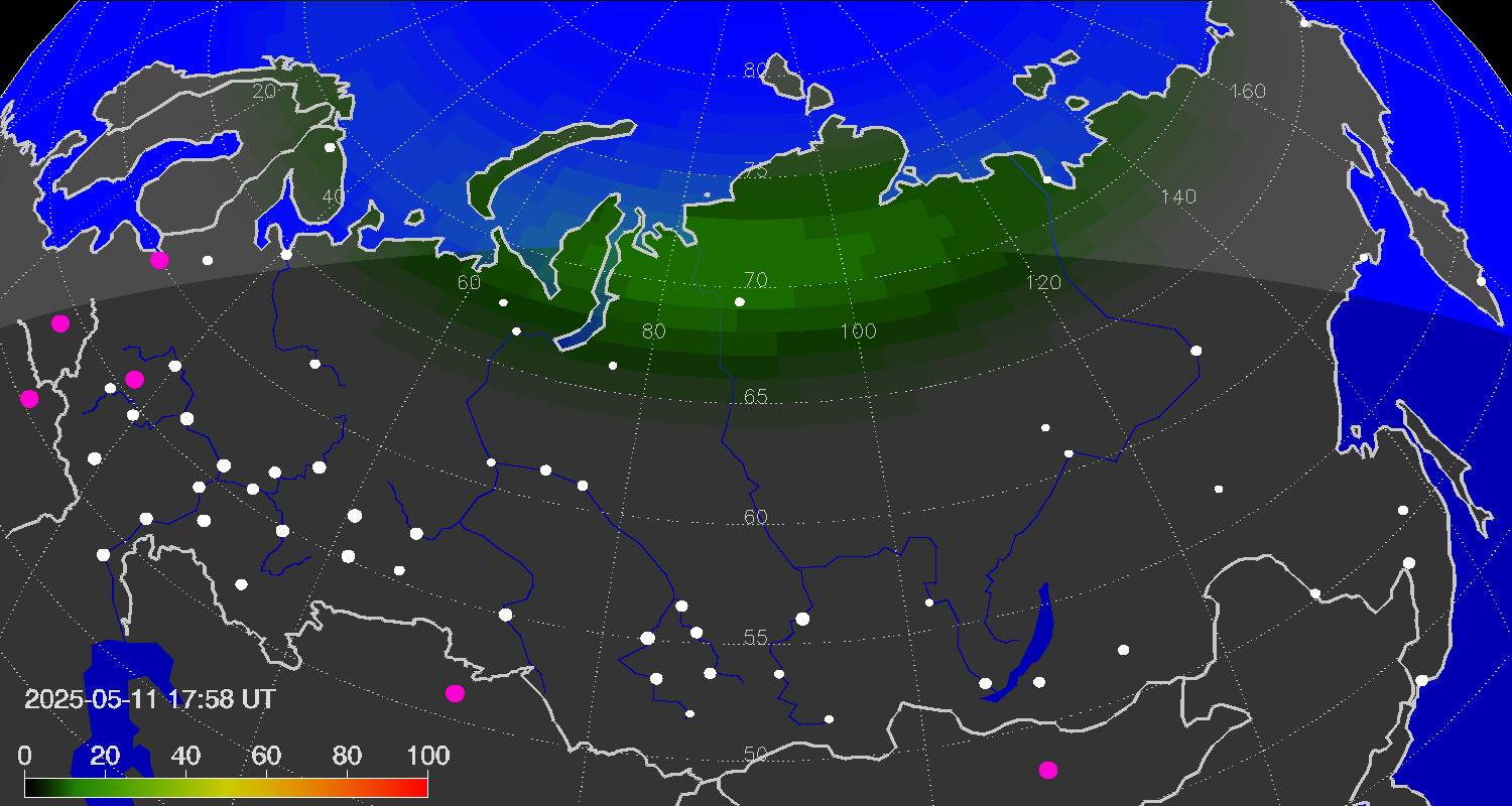 Northern lights (auroras) over Russian Federation