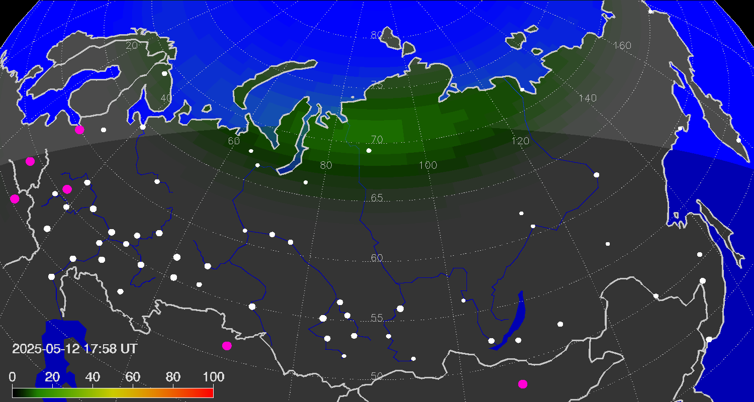 Northern lights (auroras) over Russian Federation