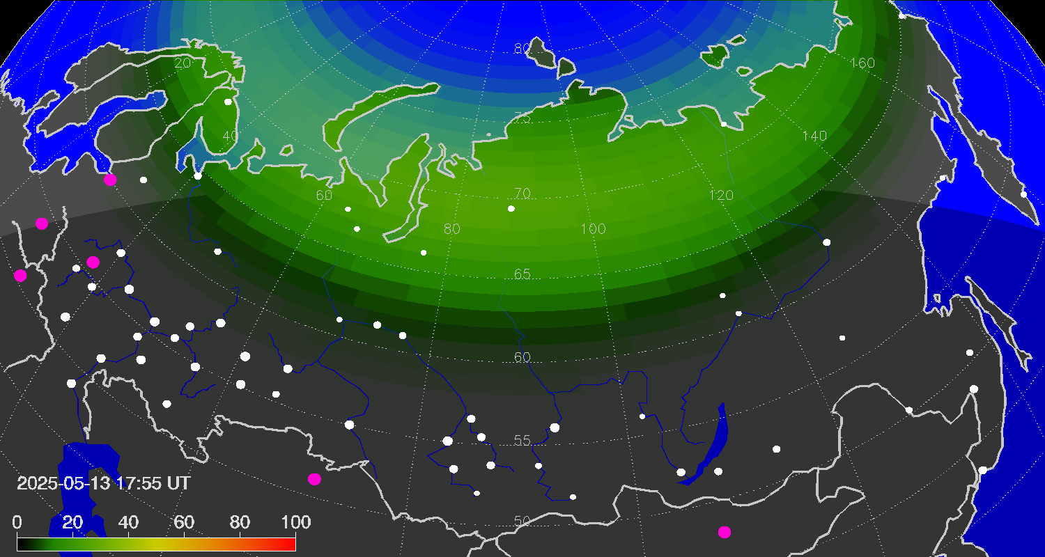 Northern lights (auroras) over Russian Federation