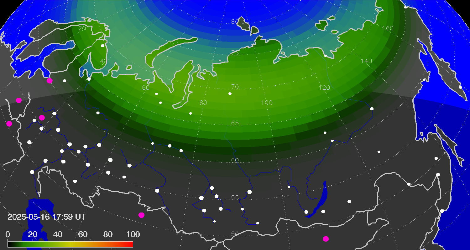 Northern lights (auroras) over Russian Federation