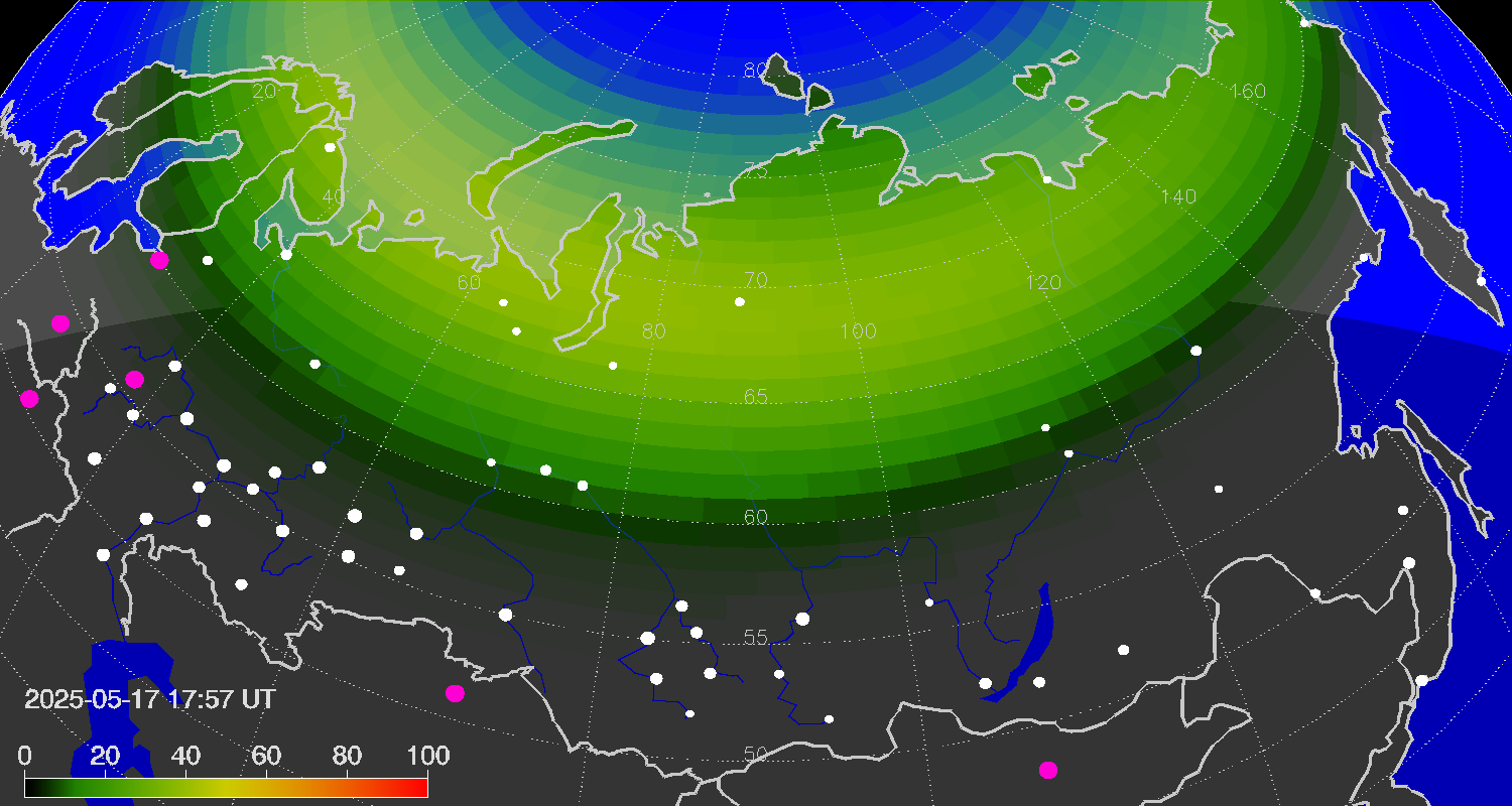 Northern lights (auroras) over Russian Federation