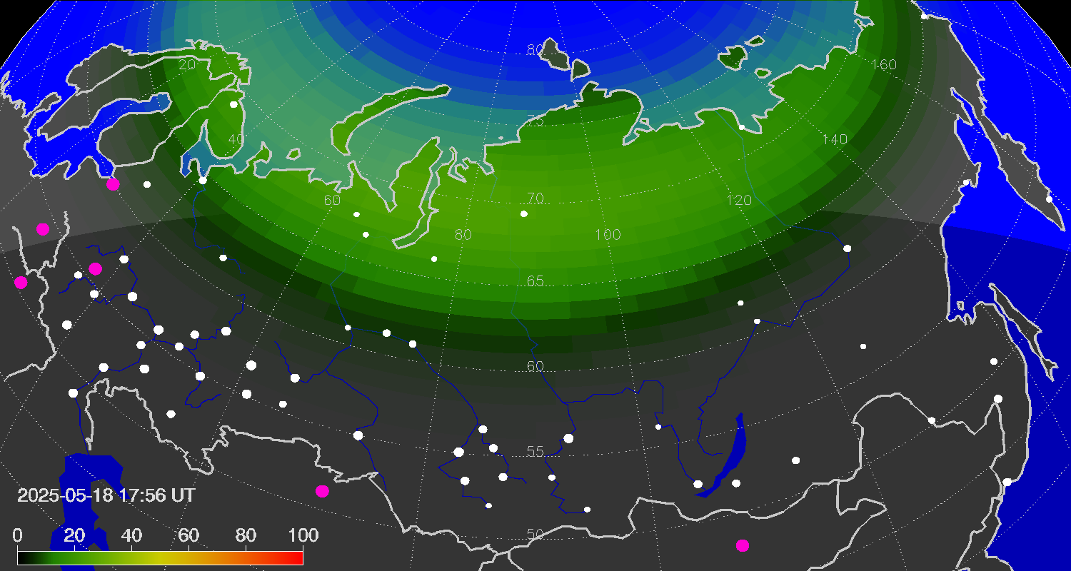 Northern lights (auroras) over Russian Federation