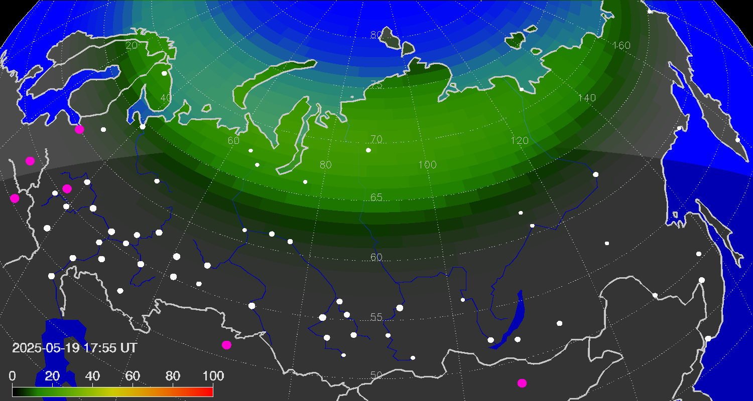 Northern lights (auroras) over Russian Federation