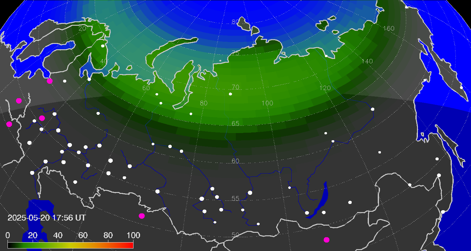 Northern lights (auroras) over Russian Federation