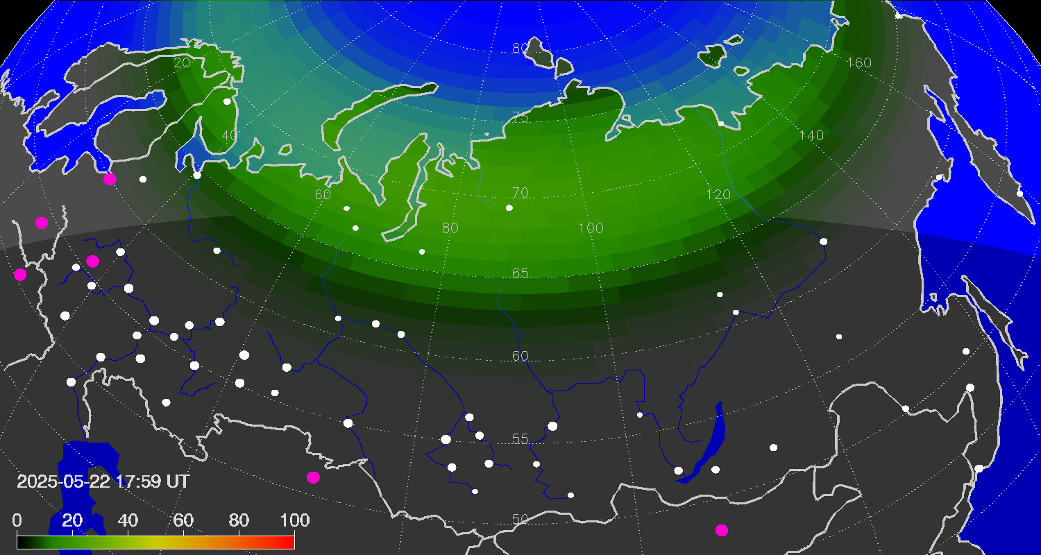 Northern lights (auroras) over Russian Federation