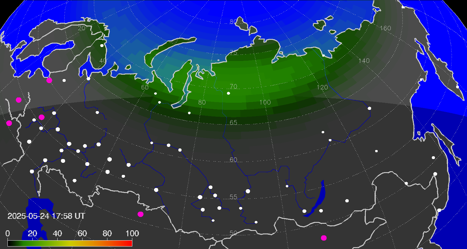 Northern lights (auroras) over Russian Federation