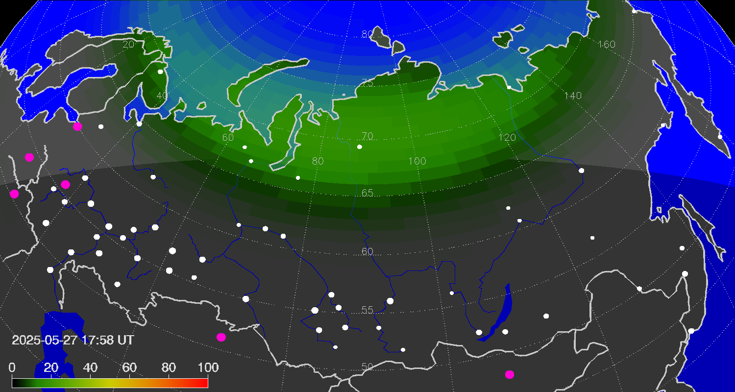 Northern lights (auroras) over Russian Federation
