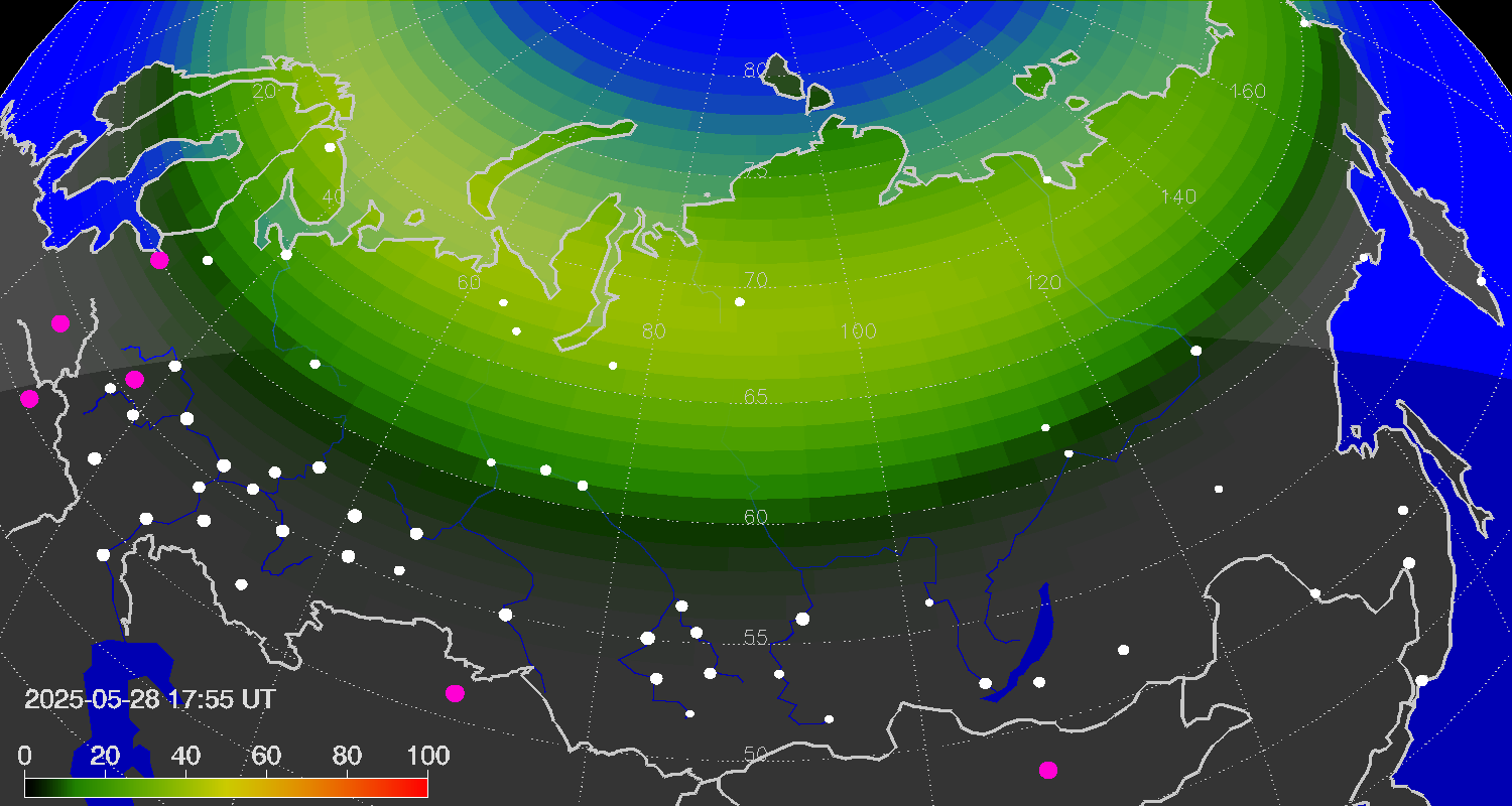 Northern lights (auroras) over Russian Federation