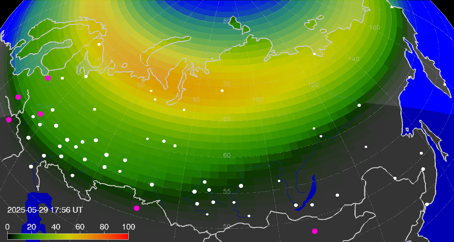 Northern lights (auroras) over Russian Federation