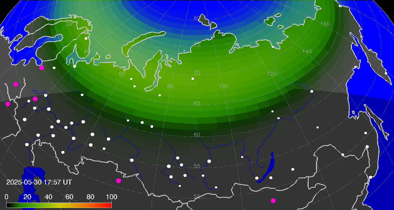 Northern lights (auroras) over Russian Federation