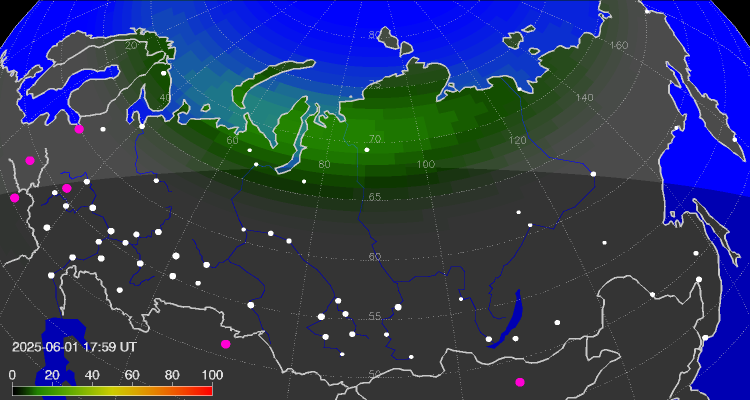 Northern lights (auroras) over Russian Federation