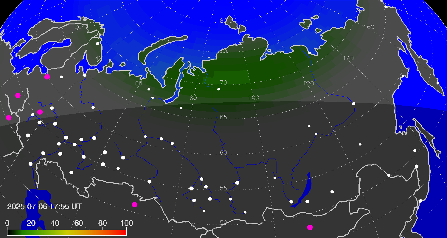 Northern lights (auroras) over Russian Federation