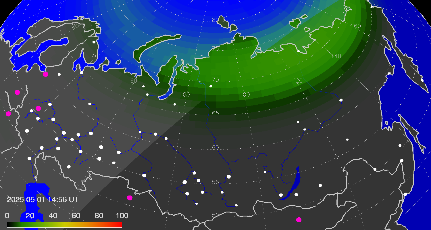 Northern lights (auroras) over Russian Federation