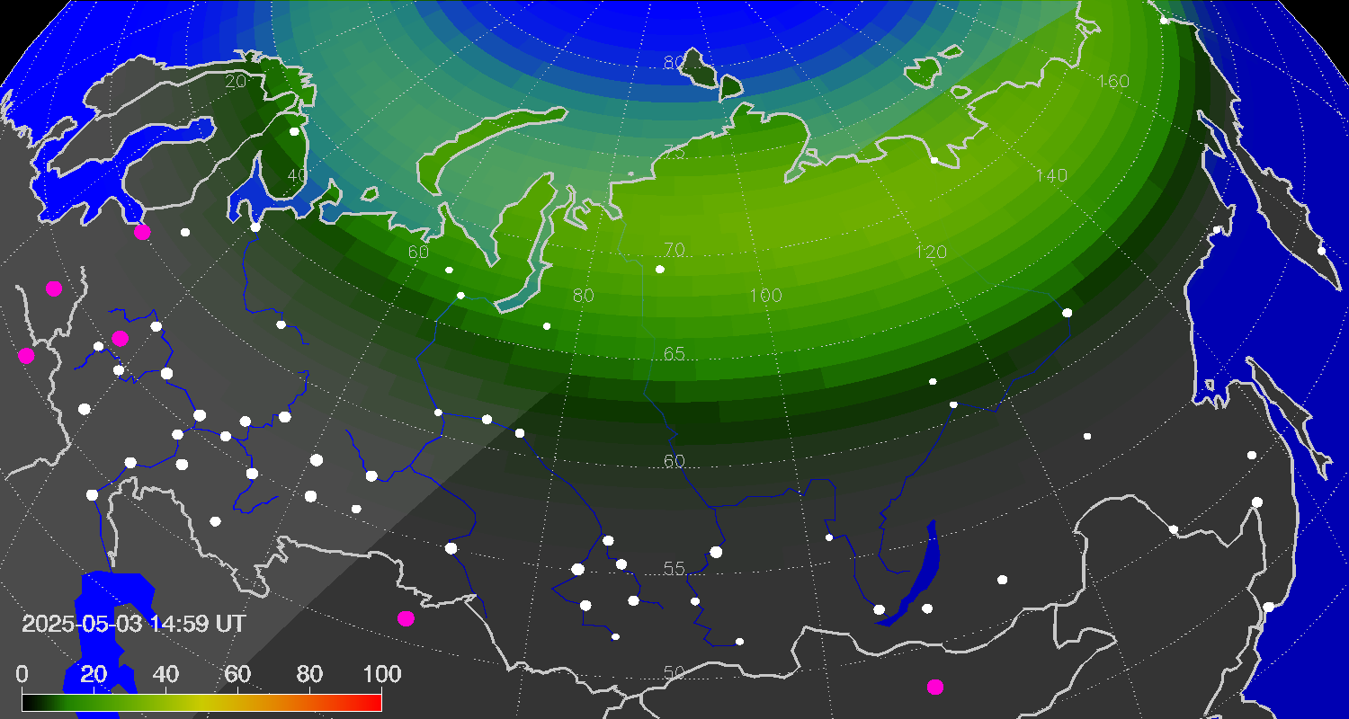 Northern lights (auroras) over Russian Federation