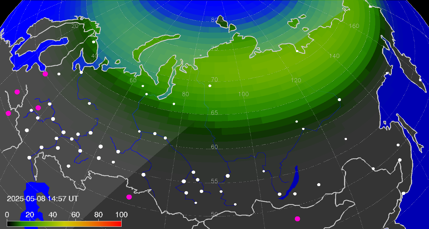 Northern lights (auroras) over Russian Federation