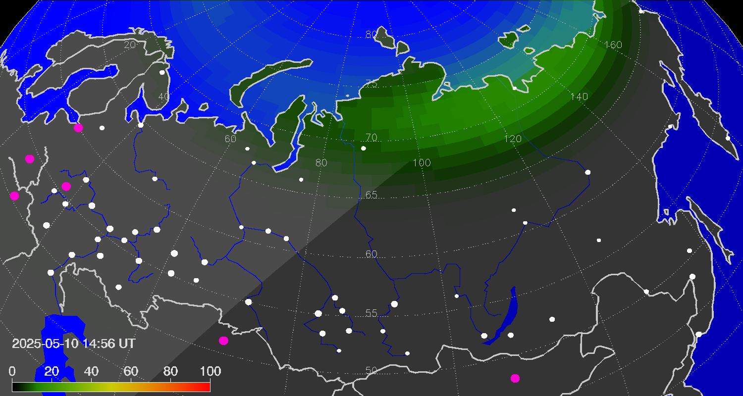 Northern lights (auroras) over Russian Federation