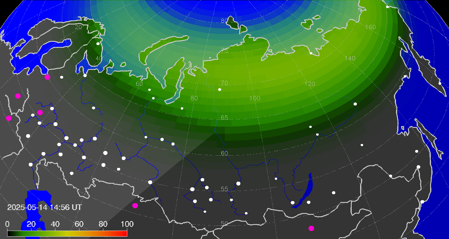 Northern lights (auroras) over Russian Federation