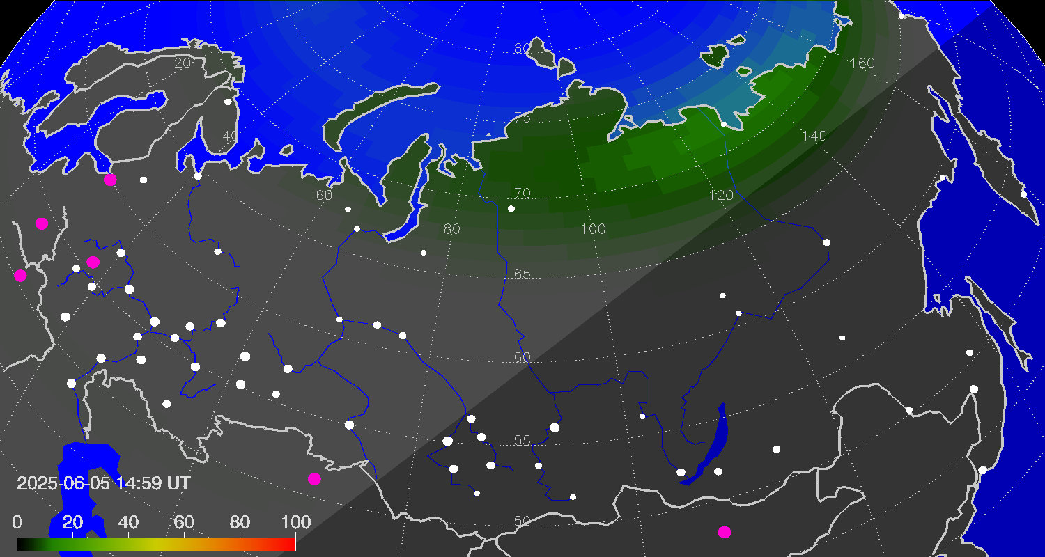 Northern lights (auroras) over Russian Federation