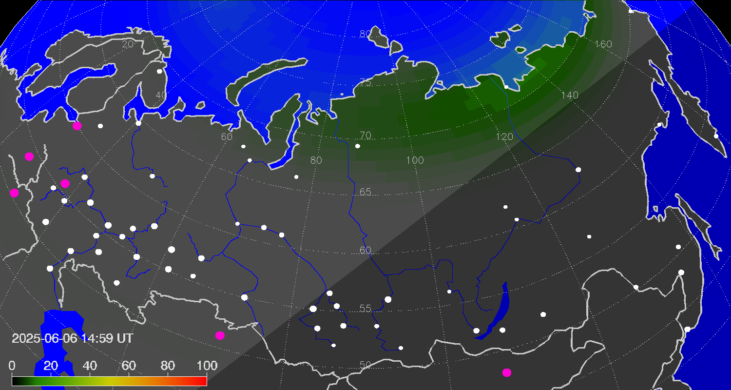 Northern lights (auroras) over Russian Federation