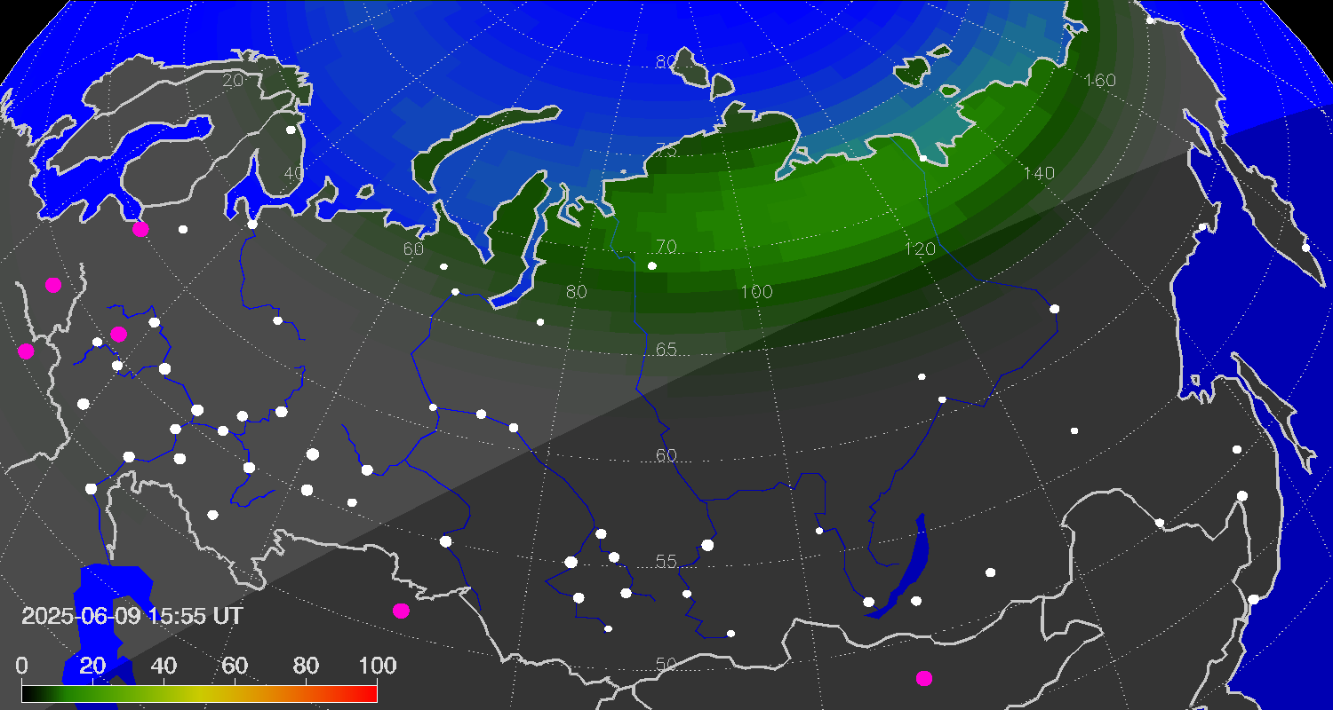 Northern lights (auroras) over Russian Federation