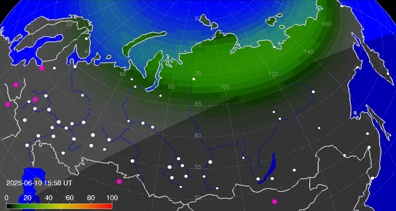 Northern lights (auroras) over Russian Federation