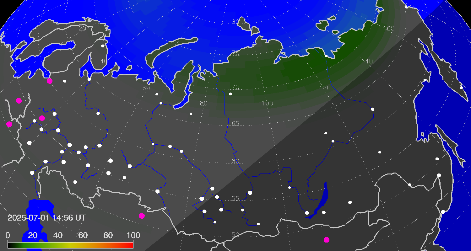 Northern lights (auroras) over Russian Federation